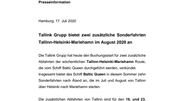 Tallink Grupp bietet zwei zusätzliche Sonderfahrten Tallinn-Helsinki-Mariehamn im August 2020 an