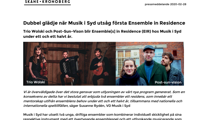 Dubbel glädje när Musik i Syd utsåg första Ensemble in Residence