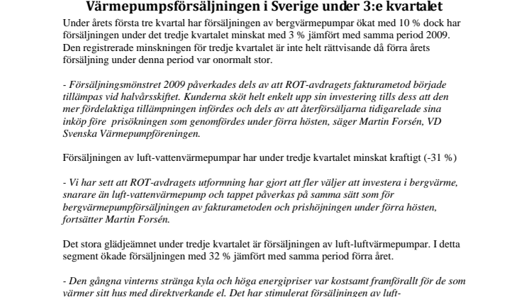 Värmepumpsförsäljningen i Sverige under 3:e kvartalet