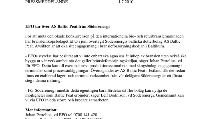 EFO tar över AS Baltic Peat från Söderenergi