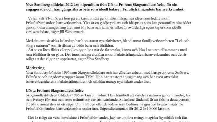 Skogsmulles stipendium till Ylva Sandberg, Skövde