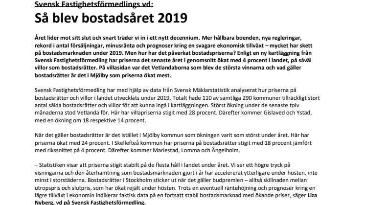 Svensk Fastighetsförmedlings vd: Så blev bostadsåret 2019 