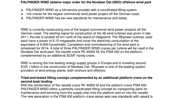 PALFINGER WIND obtains major order for the Nordsee Ost (NSO) offshore wind park