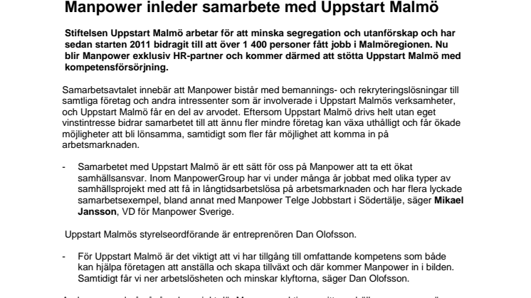 ​Manpower inleder samarbete med Uppstart Malmö