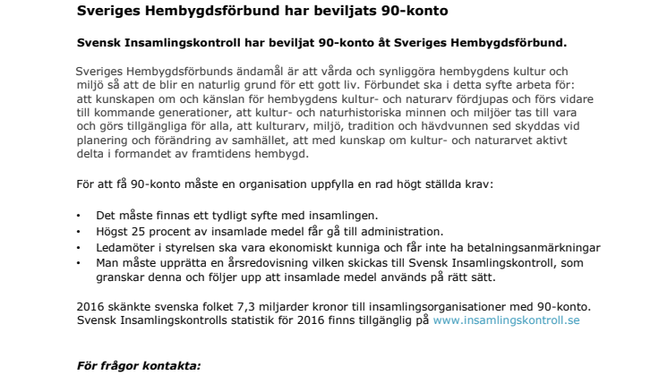 Sveriges Hembygdsförbund har beviljats 90-konto 