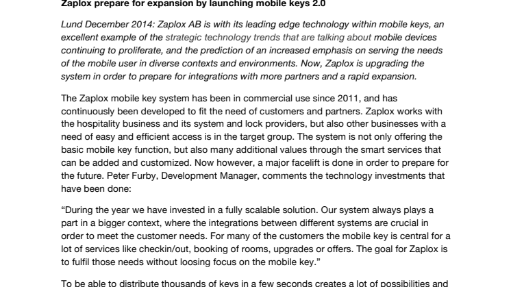 Zaplox prepares for expansion by launching mobile keys 2.0
