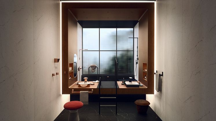 Med "Gretel og Hansel" præsenterer den schweiziske indretningsarkitekt Ushi Tamborriello og hendes team et AXOR-badeværelse fuld af underspillet elegance, stor komfort og fortællende kvalitet.