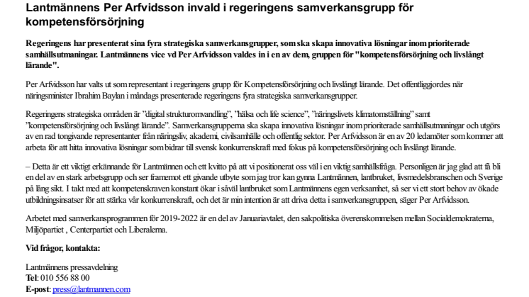 Lantmännens Per Arfvidsson invald i regeringens samverkansgrupp för kompetensförsörjning