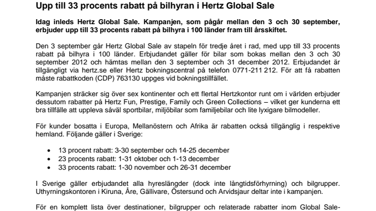 Upp till 33 procents rabatt på bilhyran i Hertz Global Sale