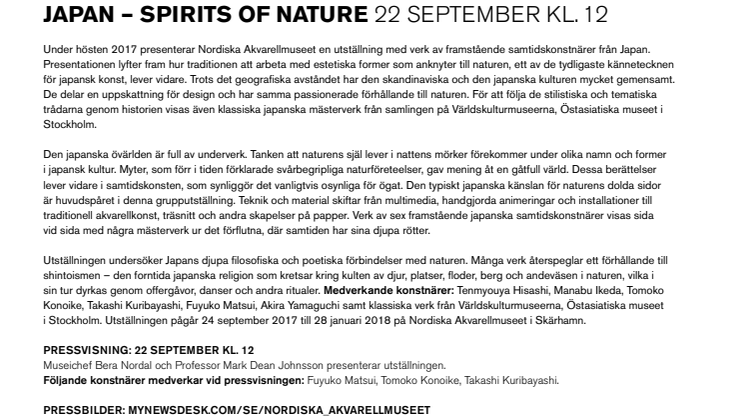 Inbjudan till pressvisning av utställningen Japan – Spirits of Nature