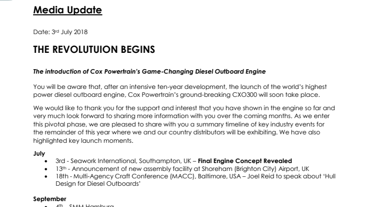 Cox Powertrain: Media Update: CXO300 Launch update