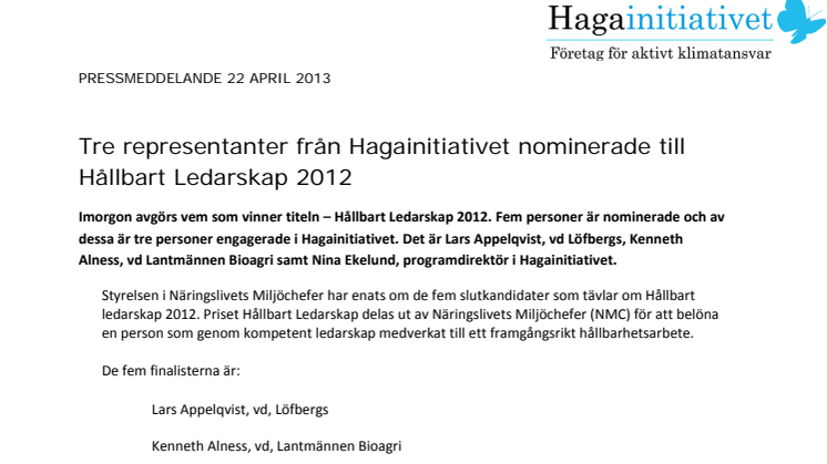 Tre representanter från Hagainitiativet nominerade till Hållbart Ledarskap 2012
