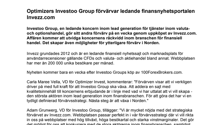 Optimizers Investoo Group förvärvar ledande finansnyhetsportalen Invezz.com