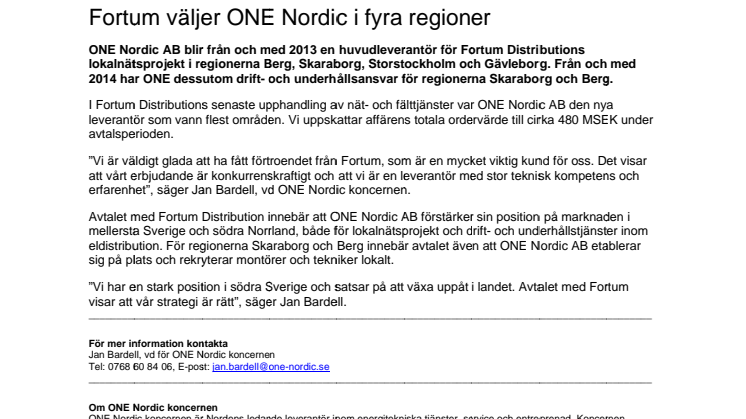 Fortum väljer ONE Nordic AB i fyra regioner