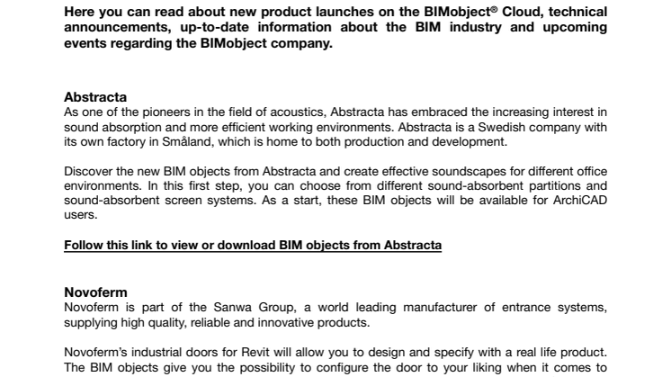 New BIM objects from Abstracta, Novoferm, Sika, Purus and Offecct