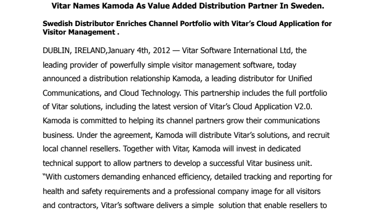 Vitar Names Kamoda As Value Added Distribution Partner In Sweden.   