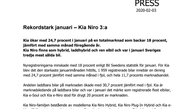 Rekordstark januarimånad – Kia Niro 3:a 