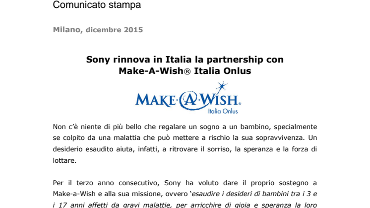 Sony rinnova in Italia la partnership con Make-A-Wish® Italia Onlus