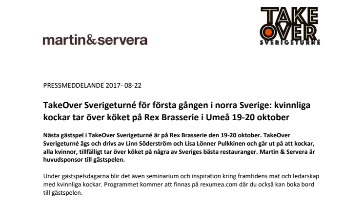 TakeOver Sverigeturné för första gången i norra Sverige: kvinnliga kockar tar över köket på Rex Brasserie i Umeå 19-20 oktober