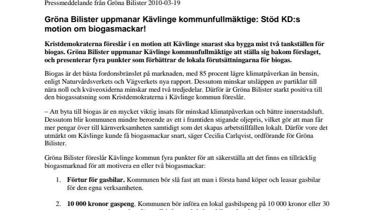 Gröna Bilister uppmanar Kävlinge kommunfullmäktige: Stöd KD:s motion om biogasmackar!