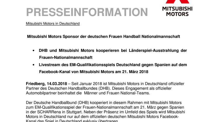 Mitsubishi Motors Sponsor der deutschen Frauen Handball Nationalmannschaft