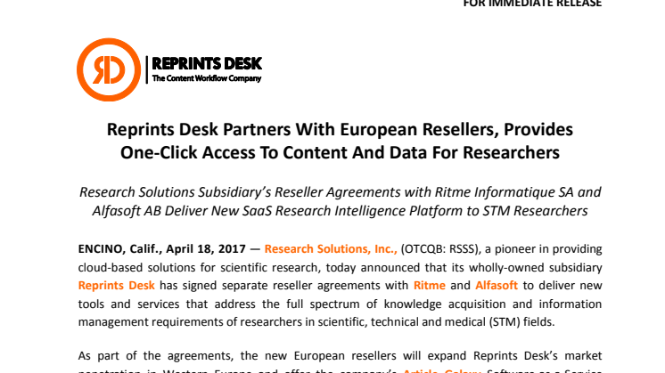 Reprints Desk Partners With European Resellers, Provides One-Click Access To Content And Data For Researchers