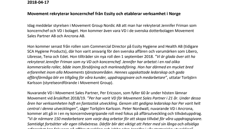 Movement rekryterar koncernchef från Essity och etablerar verksamhet i Norge