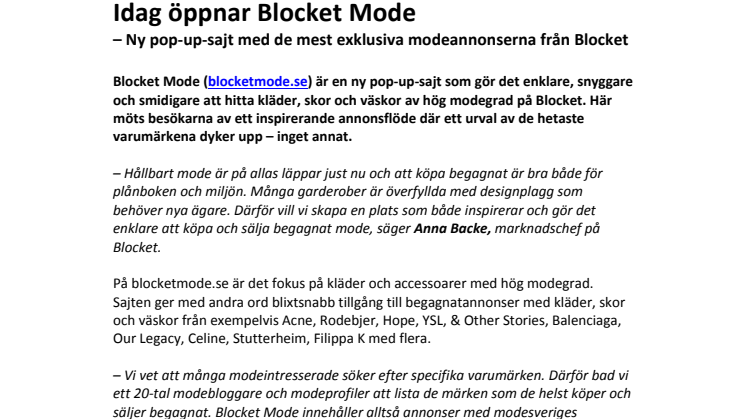 ​Idag öppnar Blocket Mode - Ny pop-up-sajt med de mest exklusiva modeannonserna från Blocket