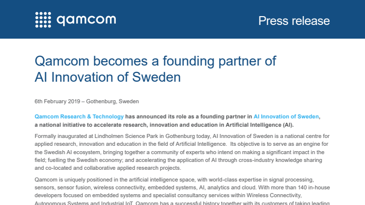 Qamcom becomes a founding partner of AI Innovation of Sweden