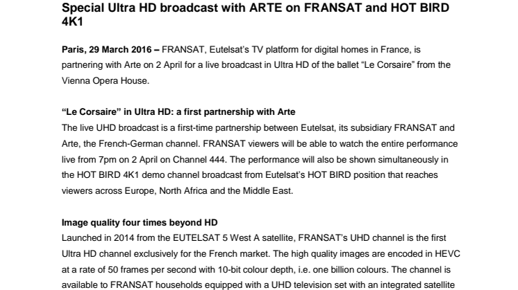 Special Ultra HD broadcast with ARTE on FRANSAT and HOT BIRD 4K1 