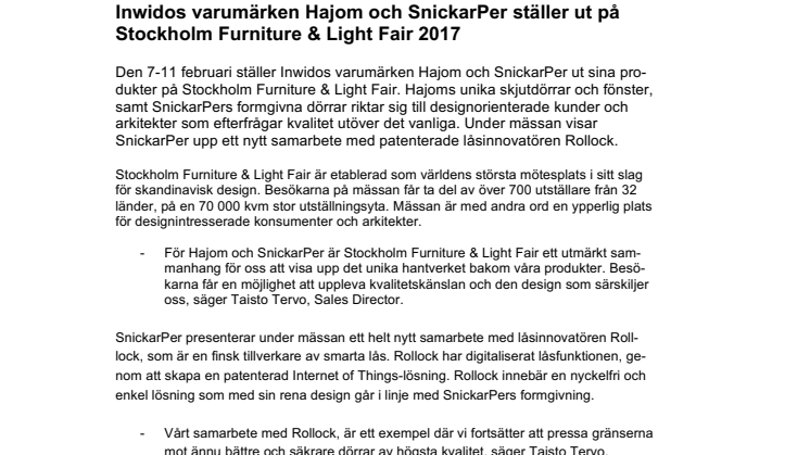 Inwidos varumärken Hajom och SnickarPer ställer ut på Stockholm Furniture & Light Fair 2017