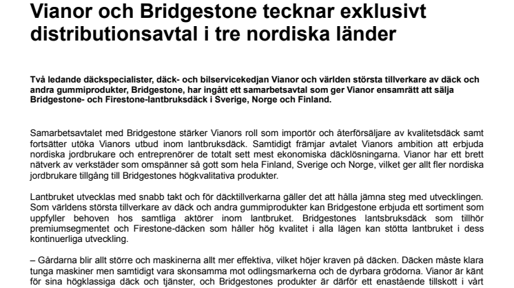 Vianor och Bridgestone tecknar exklusivt distributionsavtal i tre nordiska länder