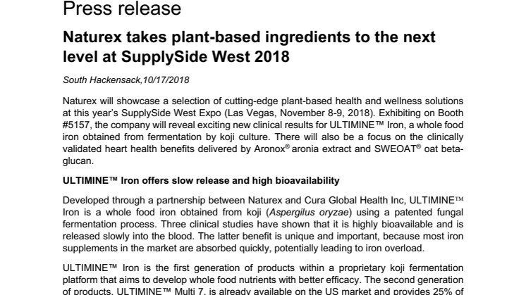 Press release – Naturex takes plant-based ingredients to the next level at SupplySide West 2018