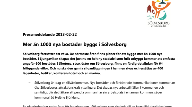 Mer än 1000 nya bostäder byggs i Sölvesborg 
