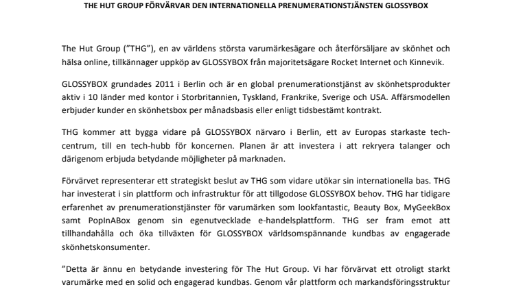 The Hut Group förvärvar den internationella prenumerationstjänsten GLOSSYBOX