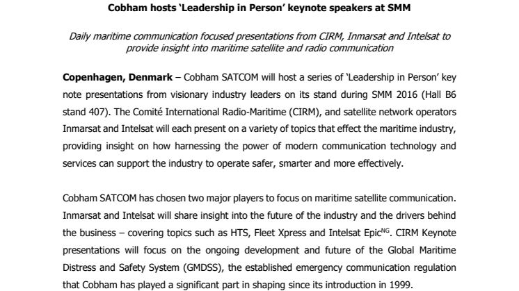 Cobham SATCOM: Cobham hosts ‘Leadership in Person’ keynote speakers at SMM 