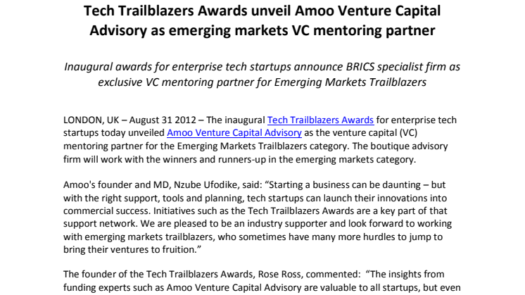 Tech Trailblazers Awards unveil Amoo Venture Capital Advisory as emerging markets VC mentoring partner