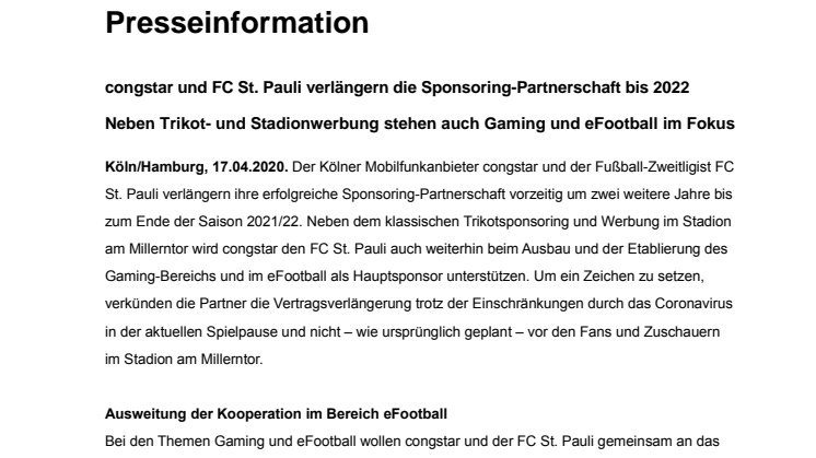 congstar und FC St. Pauli verlängern die Sponsoring-Partnerschaft bis 2022