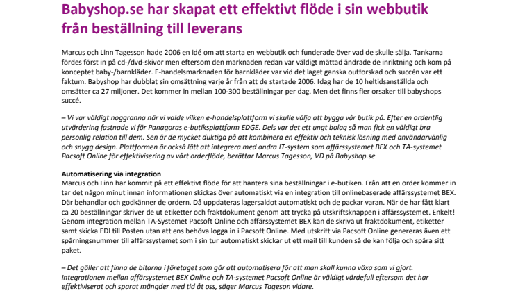 Babyshop.se har skapat ett effektivt flöde i sin webbutik från beställning till leverans