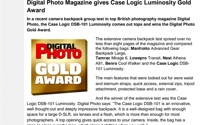 Digital Photo Magazine gives Case Logic Luminosity Gold Award