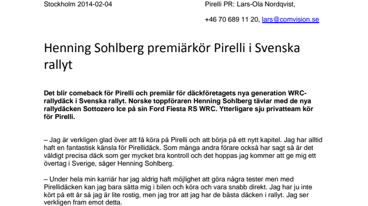 Henning Sohlberg premiärkör Pirelli i Svenska Rallyt
