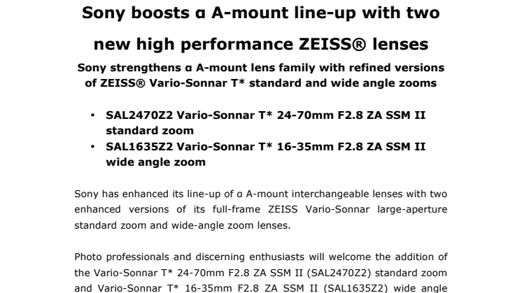 Sony vahvistaa α A-bajonetin objektiivivalikoimaa kahdella suorituskykyisellä ZEISS®-objektiivilla