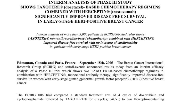 TAXOTERE®-BASED CHEMOTHERAPY REGIMENS COMBINED WITH HERCEPTIN® SIGNIFICANTLY IMPROVED DISEASE FREE SURVIVAL IN EARLY-STAGE HER2-POSITIVE BREAST CANCER