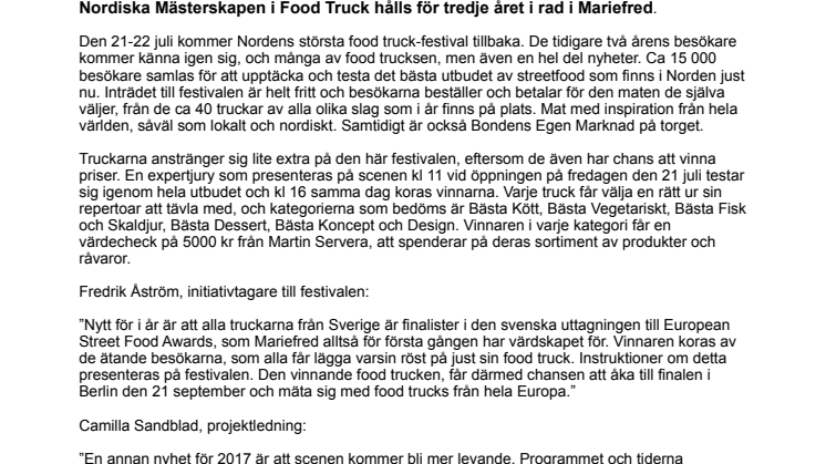 Nordiska Mästerskapen i Food Truck hålls för tredje året i rad i Mariefred.