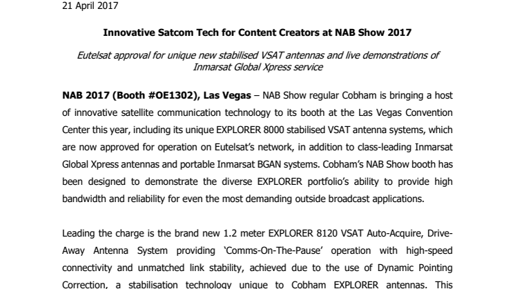 Cobham SATCOM: Innovative Satcom Tech for Content Creators at NAB Show 2017