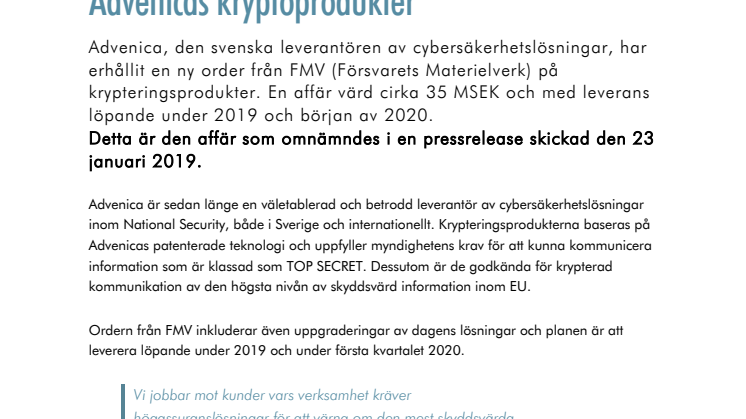 FMV lägger ny order, värd 35 MSEK, på Advenicas kryptoprodukter