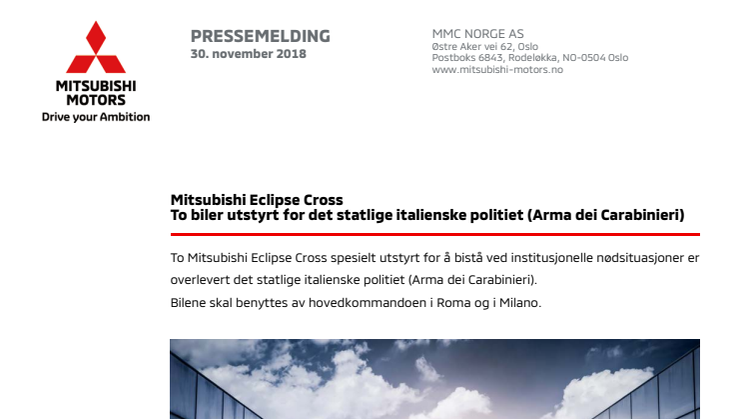 To Mitsubishi Eclipse Cross utstyrt for det statlige italienske politiet (Arma dei Carabinieri)