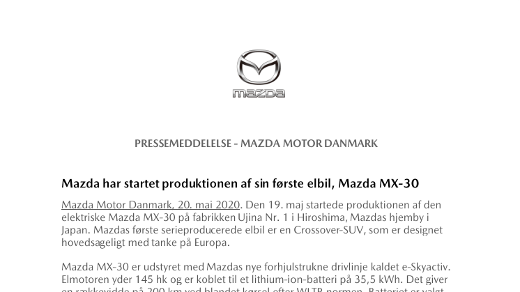 Mazda har startet produktionen af sin første elbil, Mazda MX-30