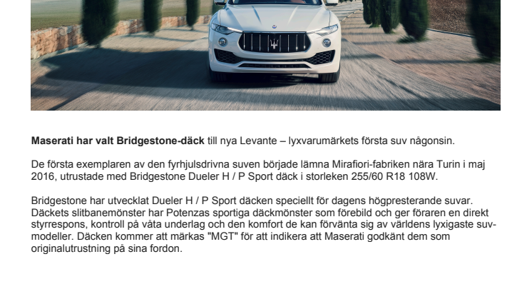 Bridgestones däck utvalda för Maseratis första suv