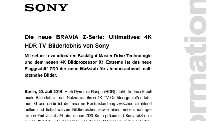 Die neue BRAVIA Z-Serie: Ultimatives 4K HDR TV-Bilderlebnis von Sony